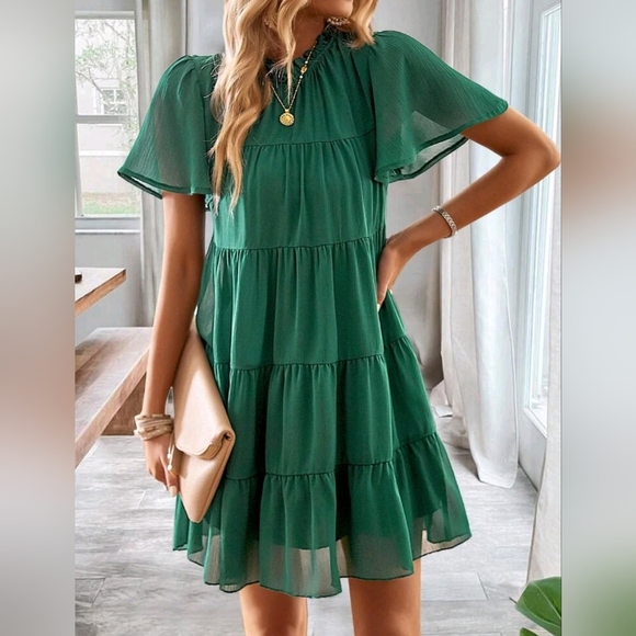 New Boho Chiffon Tiered Ruffle Short Sleeve Dress Tie Bow Back Green - Picture 6 of 9